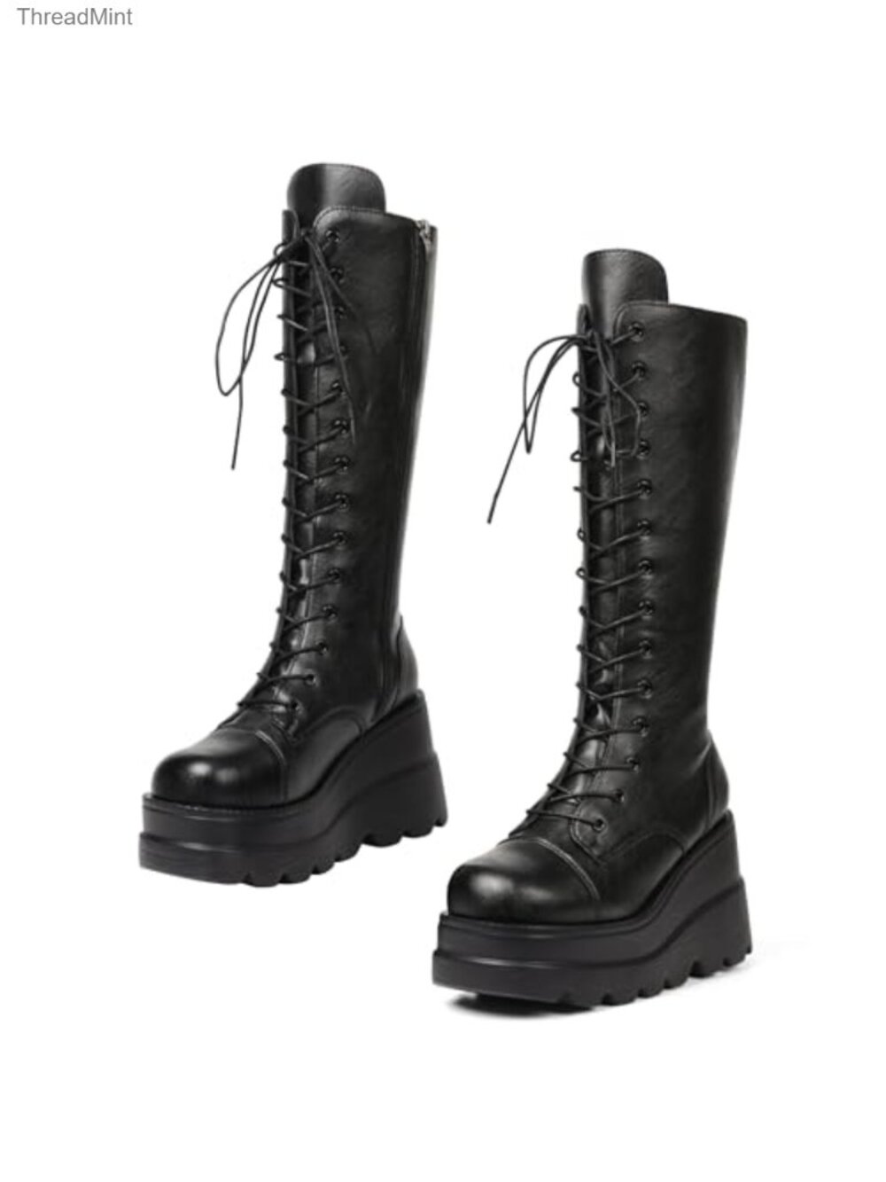 Women's Faux Leather Chunky Platform Combat Boots Mid Calf Lace-Up